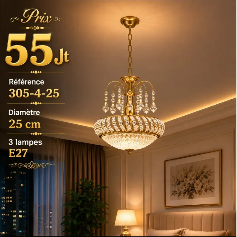 Lustre Cristal Rond Doré 25 cm | Top Déco Tunisie