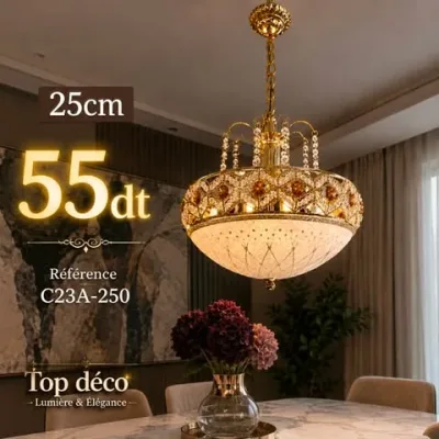 Lustre Cristal Rond Doré 25 cm | Top Déco Tunisie