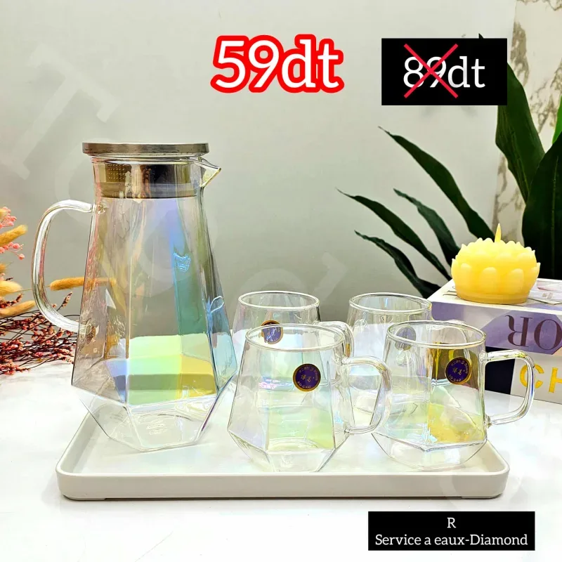 Service à Eau Diamond en Verre – Carafe, 4 Verres et Plateau de Prestige | Top Déco Tunisie