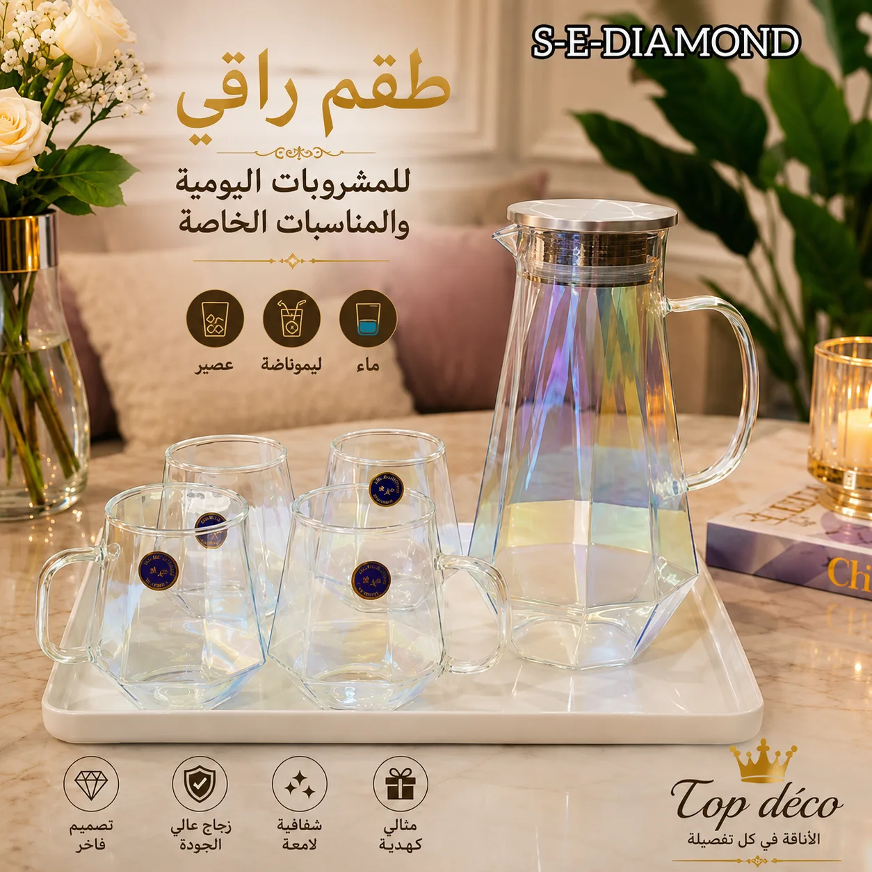 Service à Eau Diamond en Verre – Carafe, 4 Verres et Plateau de Prestige