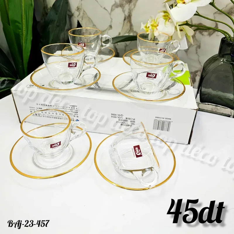 Service à Café Cristal Doré – 6 Tasses avec Soucoupes Élégantes | Top Déco Tunisie