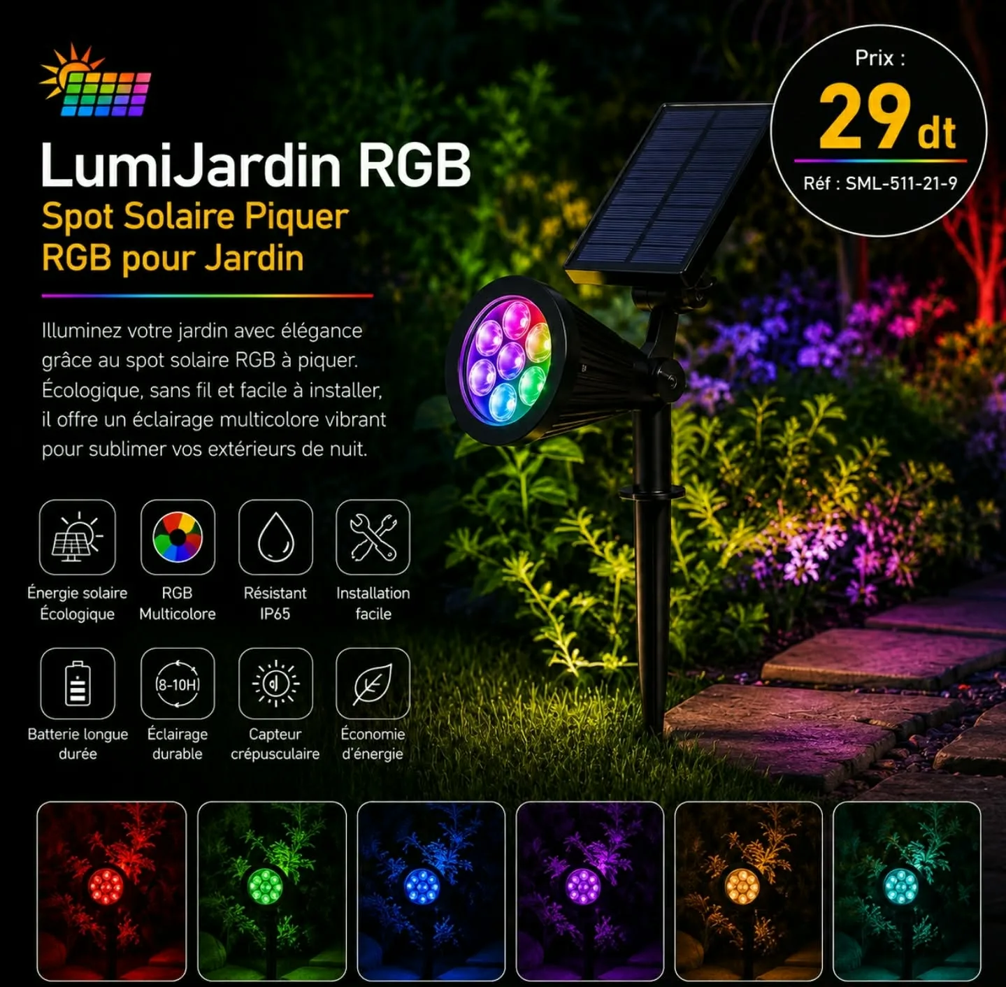 Lampe Solaire LED RGB à Piquer – Éclairage Multicolore IP65 | Top Déco Tunisie
