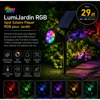 Lampe Solaire LED RGB à Piquer – Éclairage Multicolore IP65 | Top Déco Tunisie