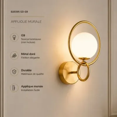 Applique Murale Halo Doré – Design Élégant avec Globe Lumineux G9 | Top Déco Tunisie