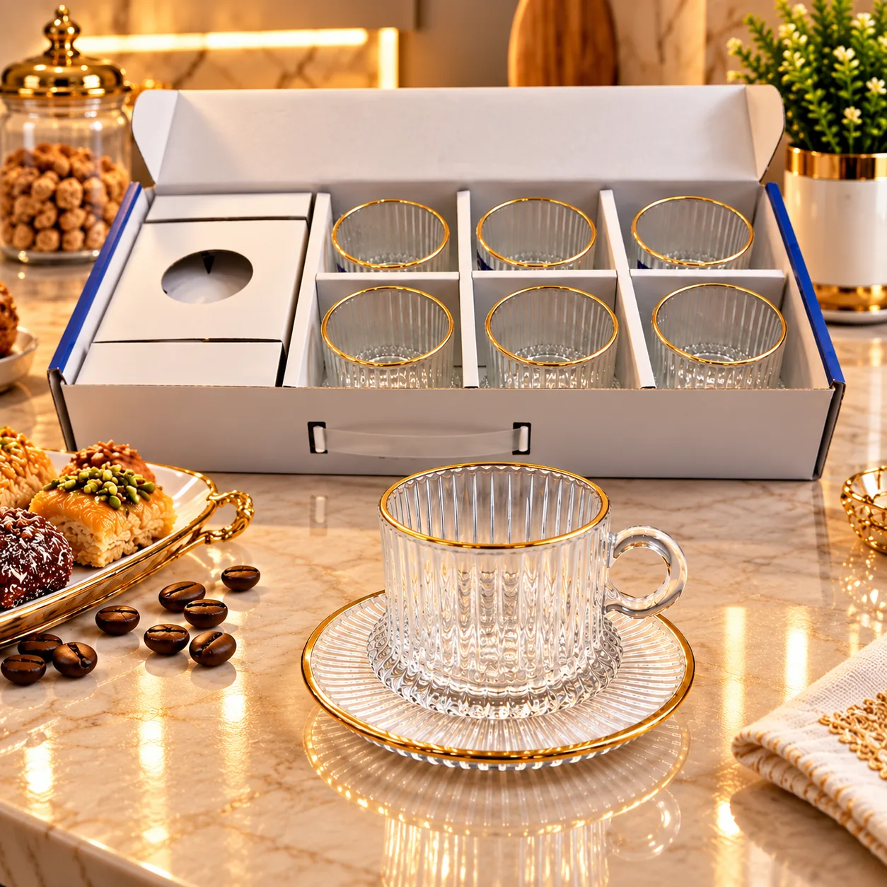 Service à Café en Verre Strié Transparent avec Bordure Dorée – 6 Tasses et Sous-Tasses DELISOGA