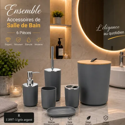 Set d’Accessoires de Salle de Bain Gris– Design Moderne et Élégant | Top Déco Tunisie