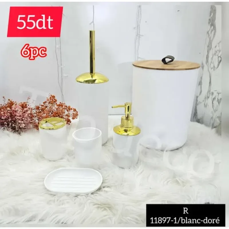 Set de Salle de Bain 6 Pièces Blanc & Doré – Élégance et Raffinement | Top Déco Tunisie