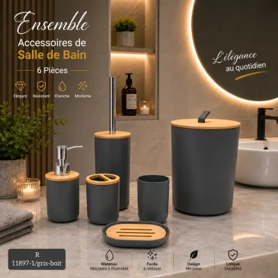 Set d’Accessoires de Salle de Bain Gris en Boit– Design Moderne et Élégant | Top Déco Tunisie