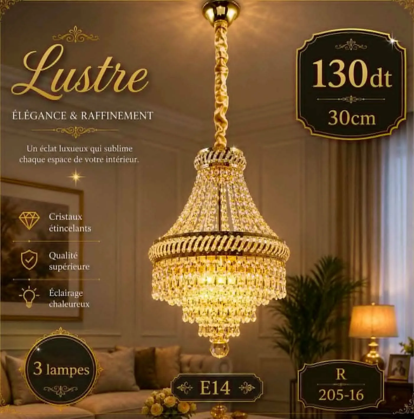 Lustre suspendu doré30 cm – 2 lampes E14 | Top Déco Tunisie