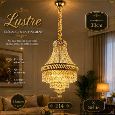 Lustre suspendu doré30 cm – 2 lampes E14 | Top Déco Tunisie