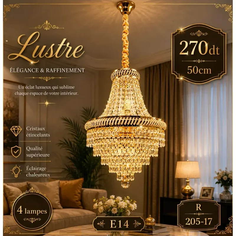 Lustre suspendu doré 50cm – 4 lampes E14 | Top Déco Tunisie