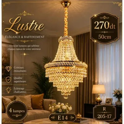 Lustre suspendu doré 50cm – 4 lampes E14 | Top Déco Tunisie