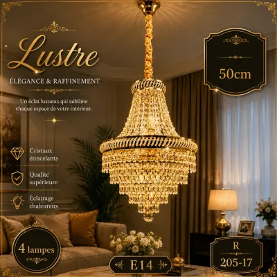 Lustre suspendu doré 50cm – 4 lampes E14 | Top Déco Tunisie