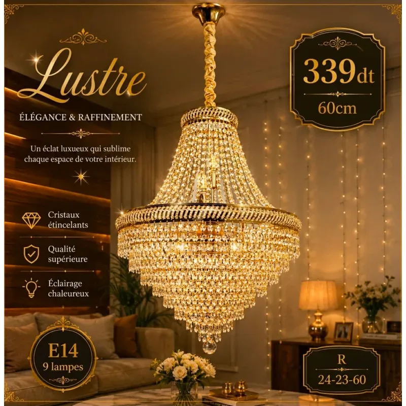 Lustre suspendu doré 60cm – 9 lampes E14 | Top Déco Tunisie
