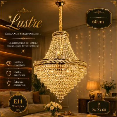 Lustre suspendu doré 60cm – 9 lampes E14 | Top Déco Tunisie