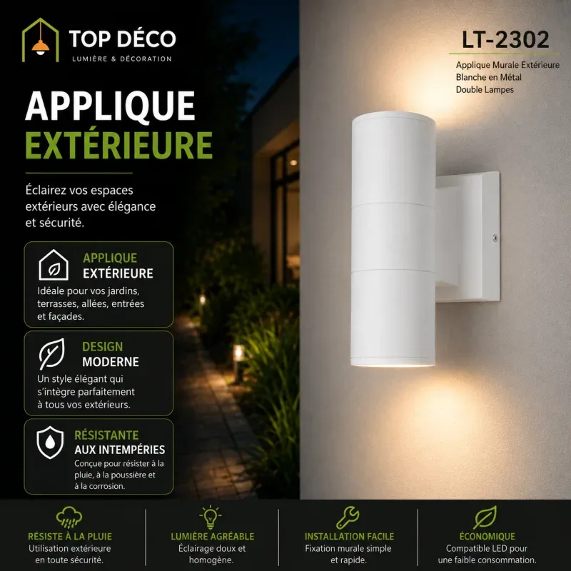 Applique Murale Extérieure Blanches en Métal Double Lampes