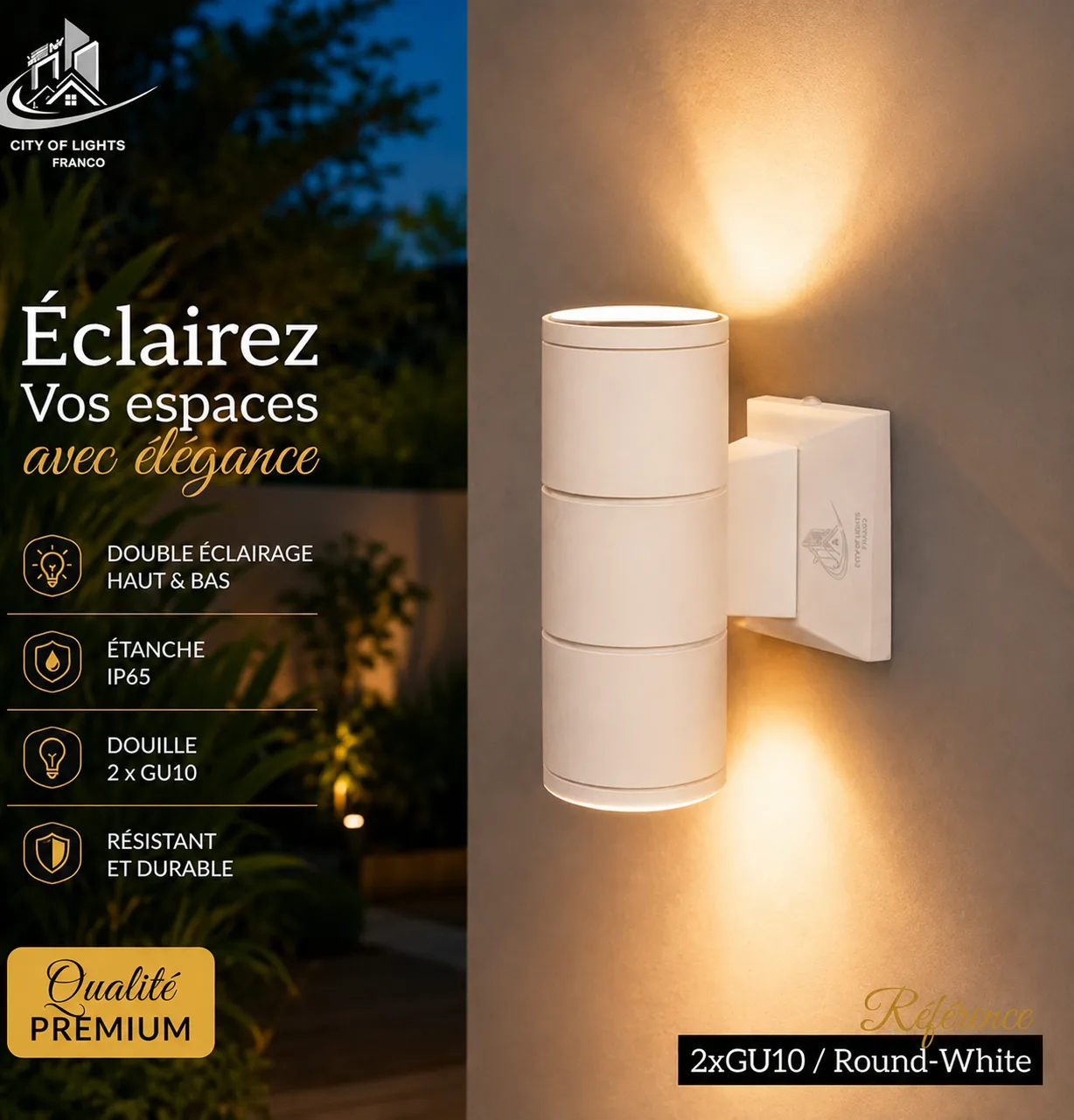 Applique Murale Extérieure Blanches en Métal Double Lampes