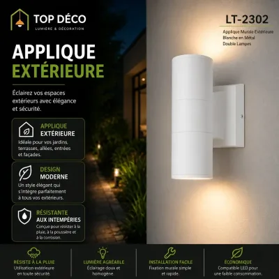 Applique Murale Extérieure Blanches en Métal Double Lampes | Top Déco Tunisie