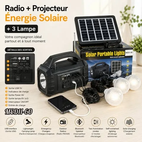 Projecteur LED Solaire Étanche avec Radio et 3 Lampes LED Rechargeables