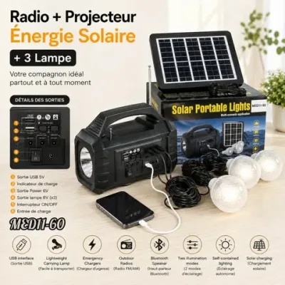 Projecteur LED Solaire Étanche avec Radio et 3 Lampes LED Rechargeables | Top Déco Tunisie