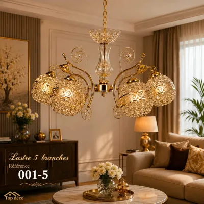 Lustre Suspendu Cristal Doré 5 Branches | Top Déco Tunisie