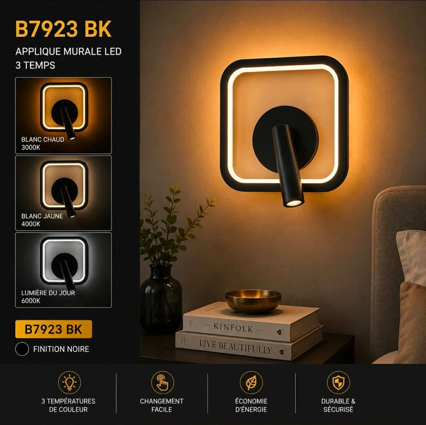 Applique Murale LED Design Carré Noir – 3 Temps