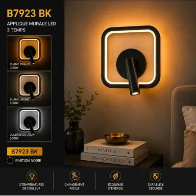 Applique Murale LED Design Carré Noir – 3 Temps | Top Déco Tunisie