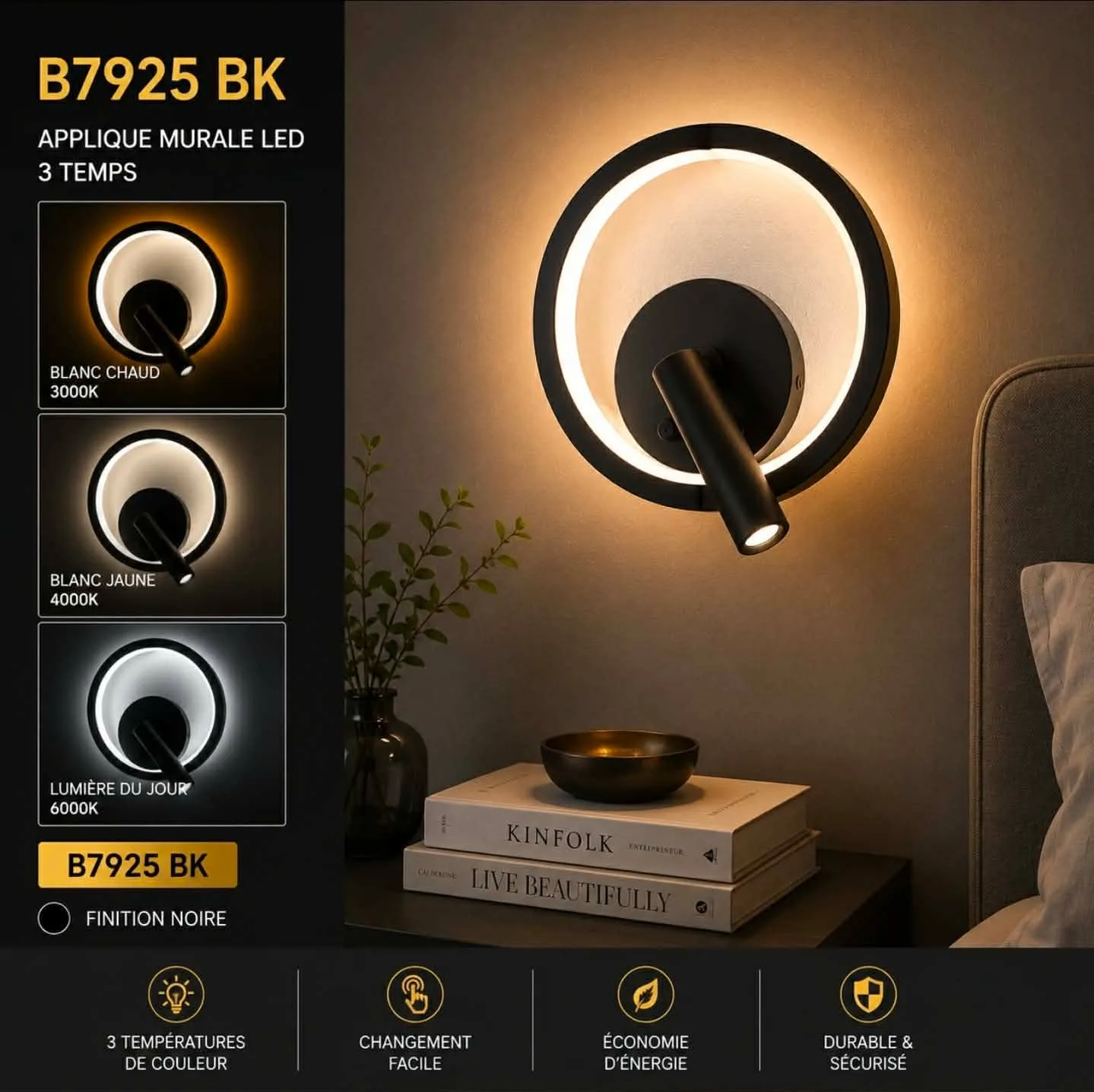 Applique Murale LED Design Rond Noir – 3 Temps