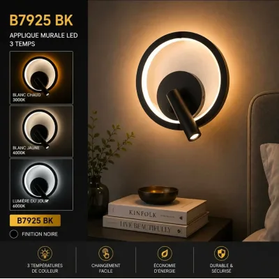 Applique Murale LED Design Rond Noir – 3 Temps | Top Déco Tunisie