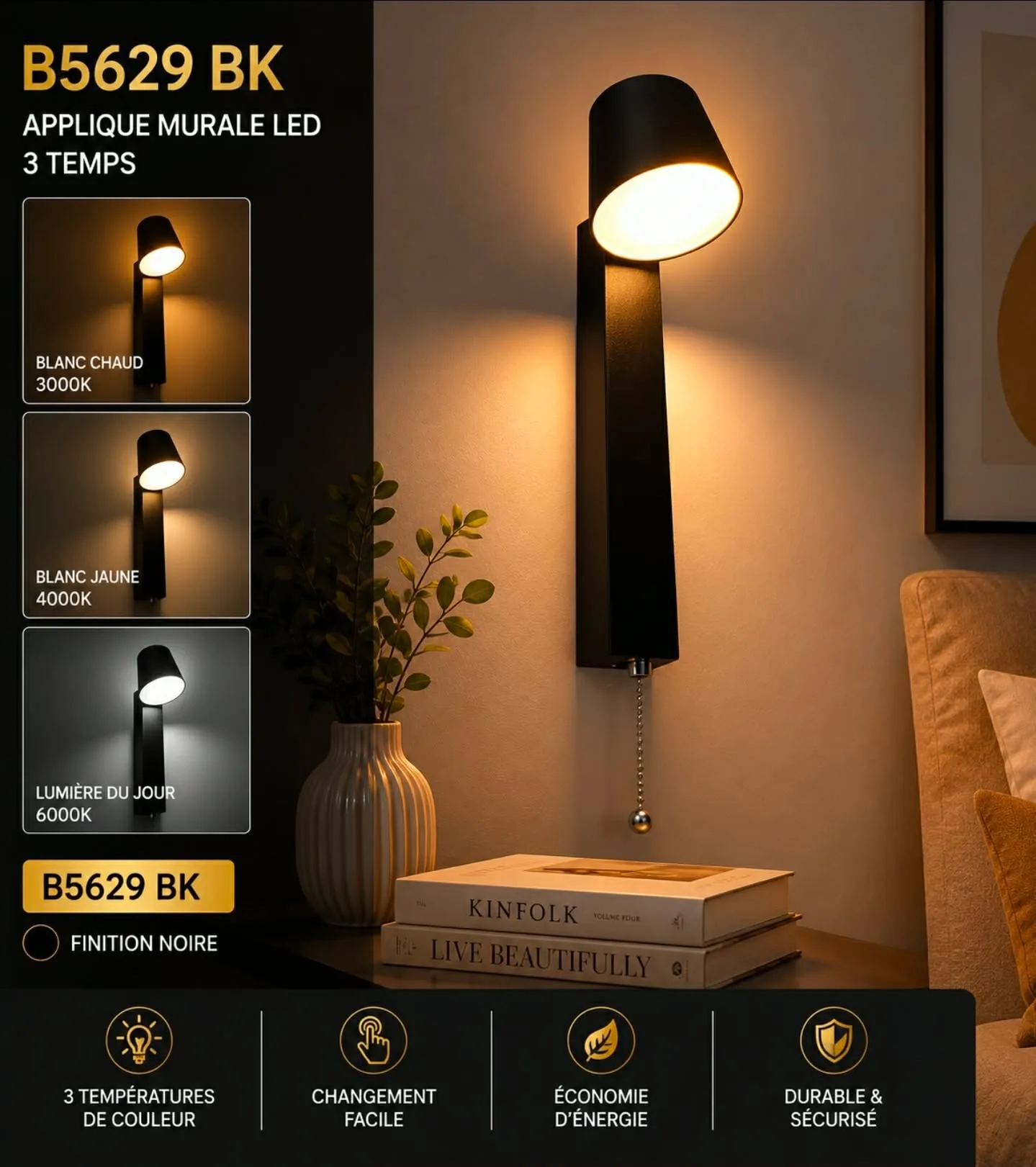 Applique Murale LED Noire Orientable – 3 Temps