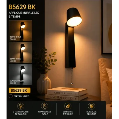 Applique Murale LED Noire Orientable – 3 Temps | Top Déco Tunisie