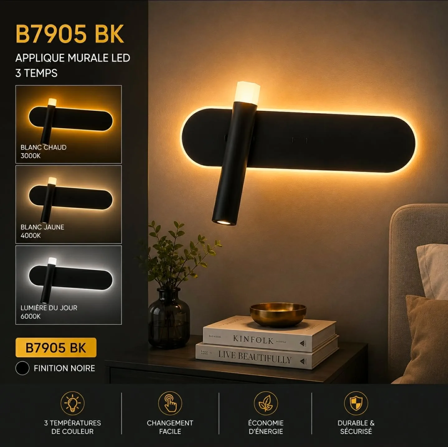 Applique Murale LED Noire Orientable – 3 Temps