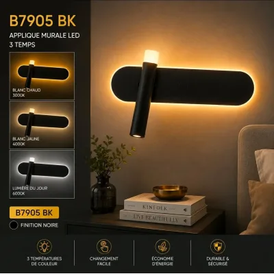 Applique Murale LED Noire Orientable – 3 Temps | Top Déco Tunisie
