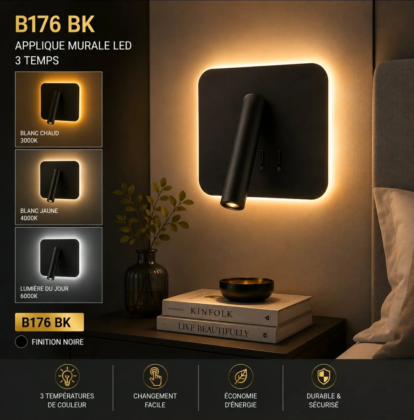 Applique Murale LED Noir Carré  Orientable – 3 Temps