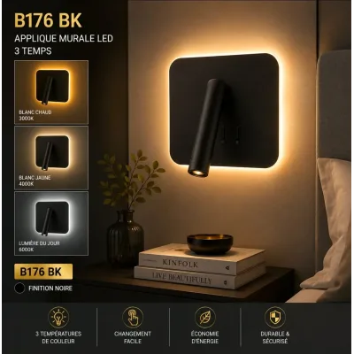 Applique Murale LED Noir Carré  Orientable – 3 Temps | Top Déco Tunisie