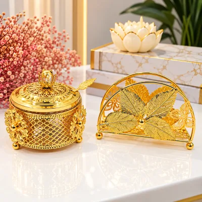 Ensemble Sucrier & Porte-Serviettes Doré – Motif Feuilles & Libellule | Top Déco Tunisie