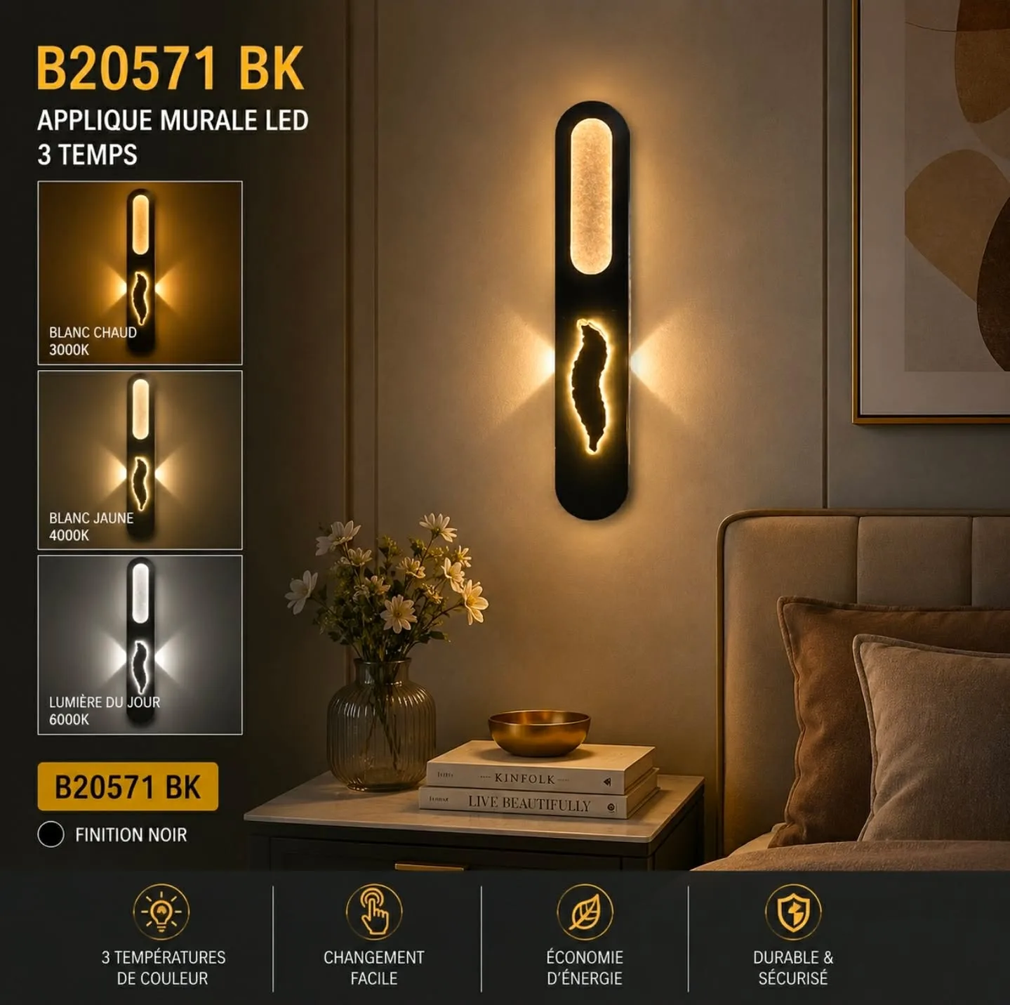 Applique Murale LED Noir Cristal – 3 Temps