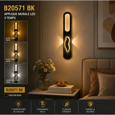 Applique Murale LED Noir Cristal – 3 Temps | Top Déco Tunisie