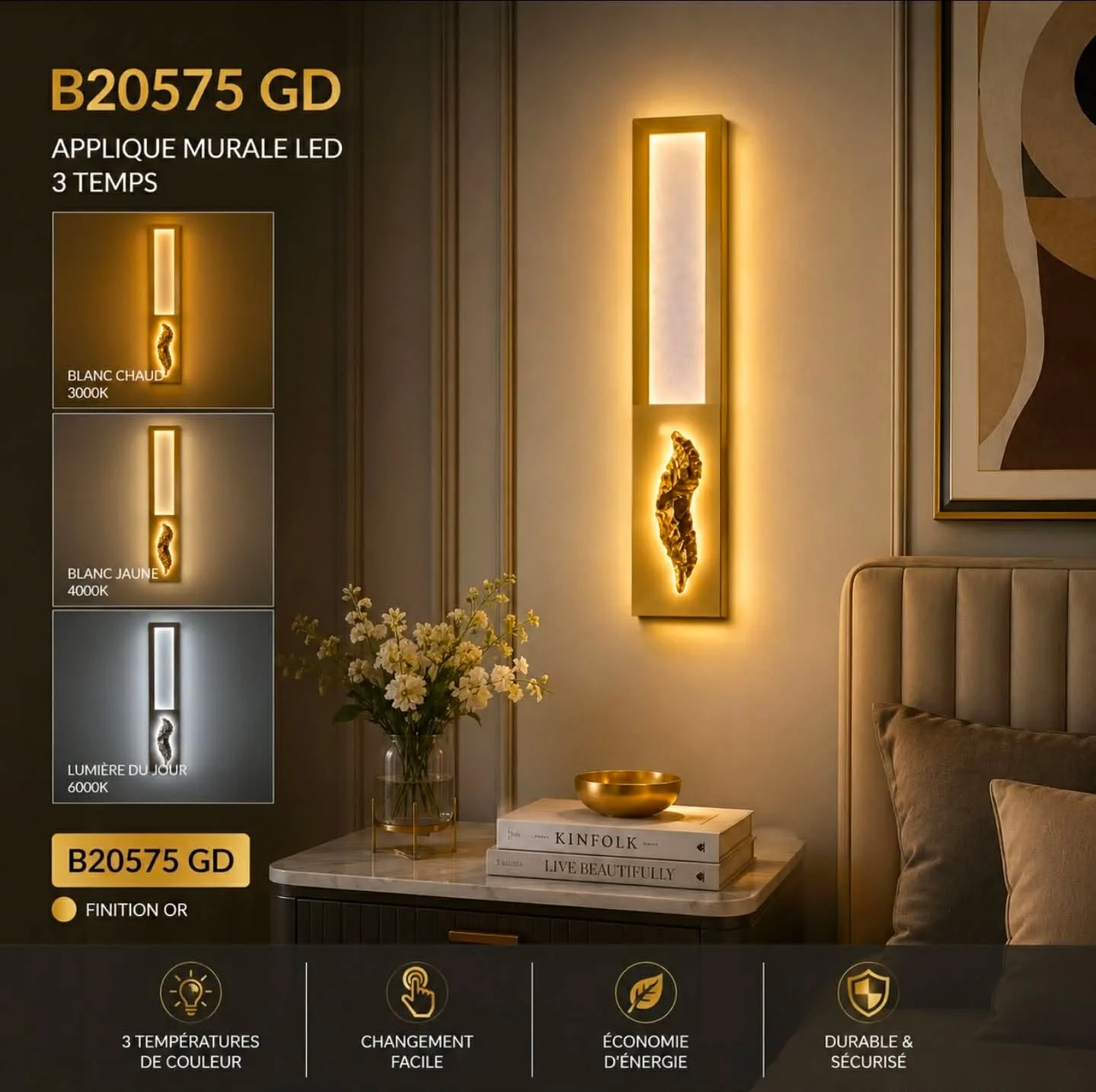 Applique Murale LED Dorée Cristal – 3 Temps