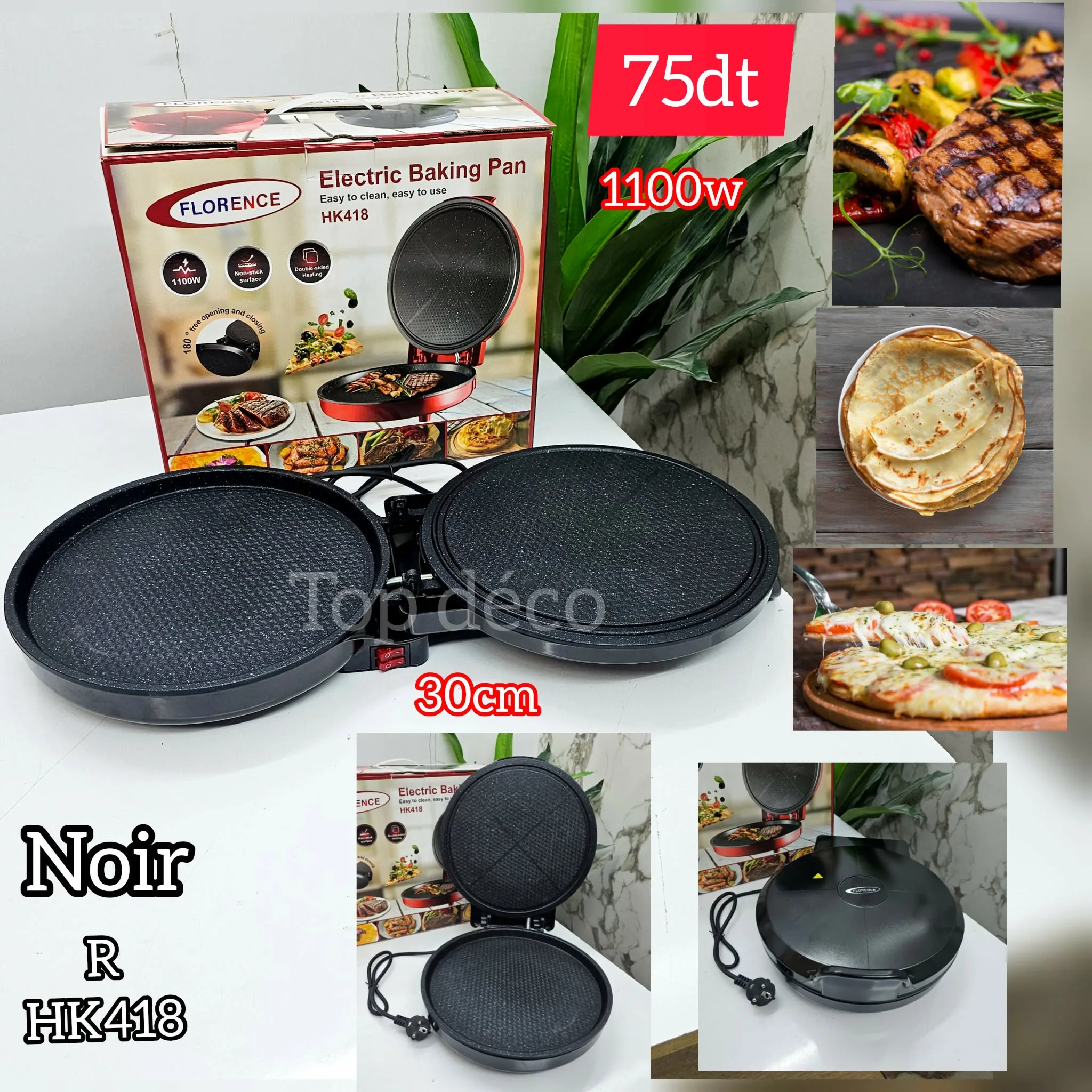 Grill Électrique Multifonction Florence Noir –1100W | 30 cm | Top Déco Tunisie