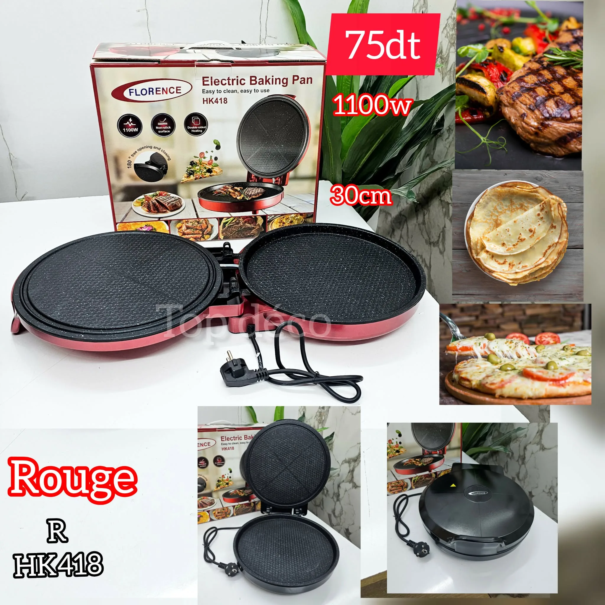 Grill Électrique Multifonction Florence Rouge –1100W | 30 cm | Top Déco Tunisie