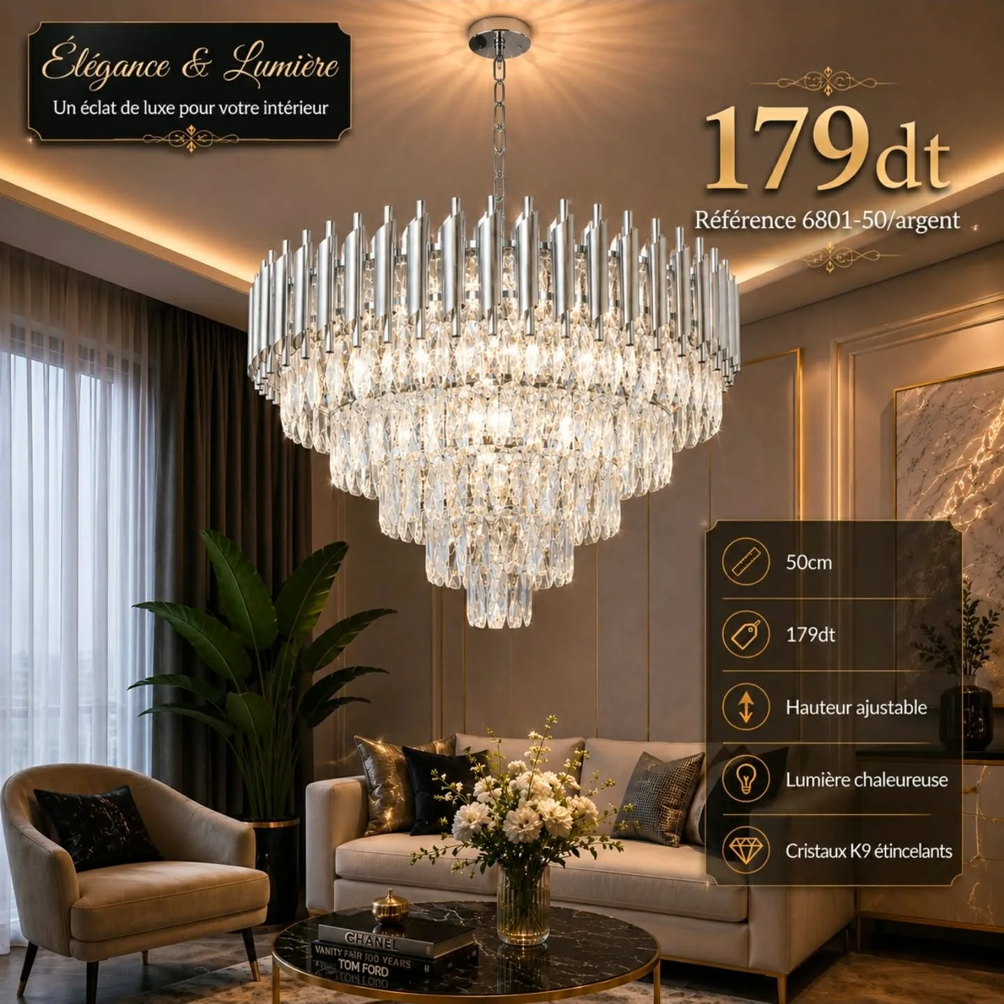 Lustre Cristal Luxe Argent 50 cm | Top Déco Tunisie