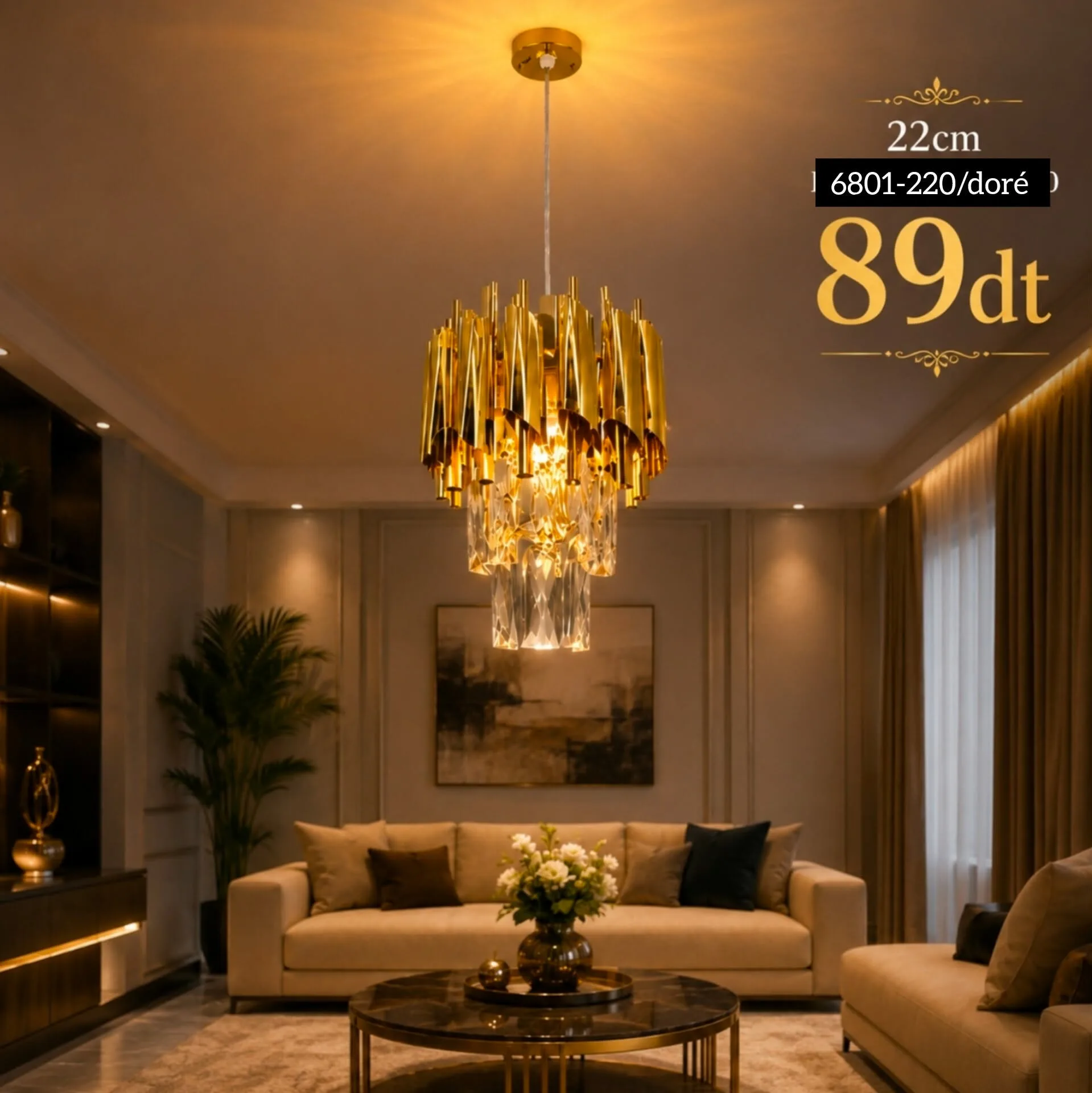 Lustre Cristal Luxe Doré 22 cm | Top Déco Tunisie
