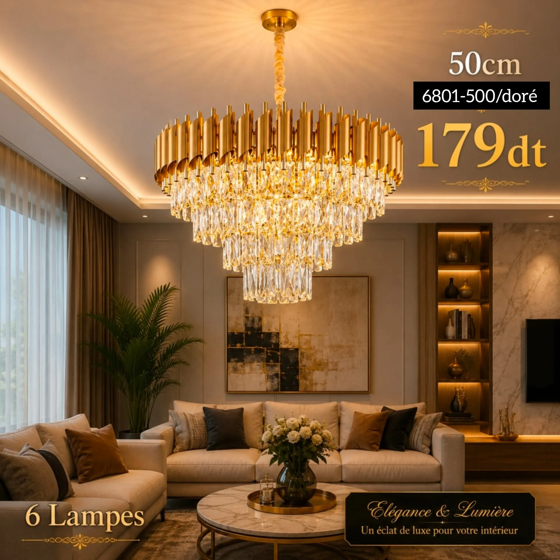 Lustre Cristal Luxe Doré 50 cm | Top Déco Tunisie