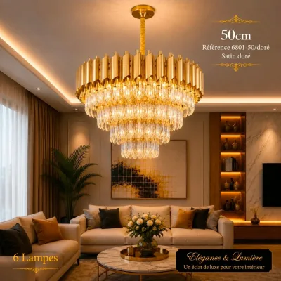 Lustre Cristal Luxe Doré 50 cm | Top Déco Tunisie