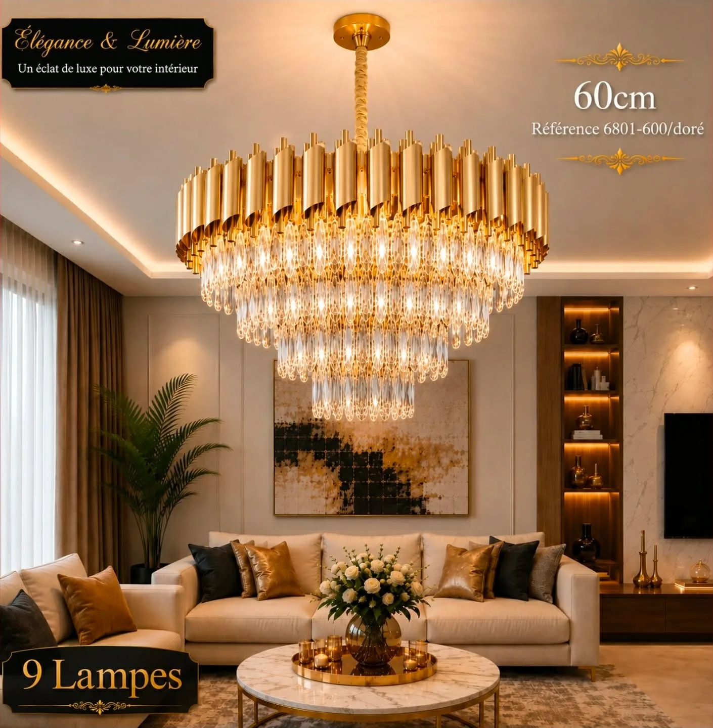Lustre Cristal Luxe Doré 60 cm | Top Déco Tunisie