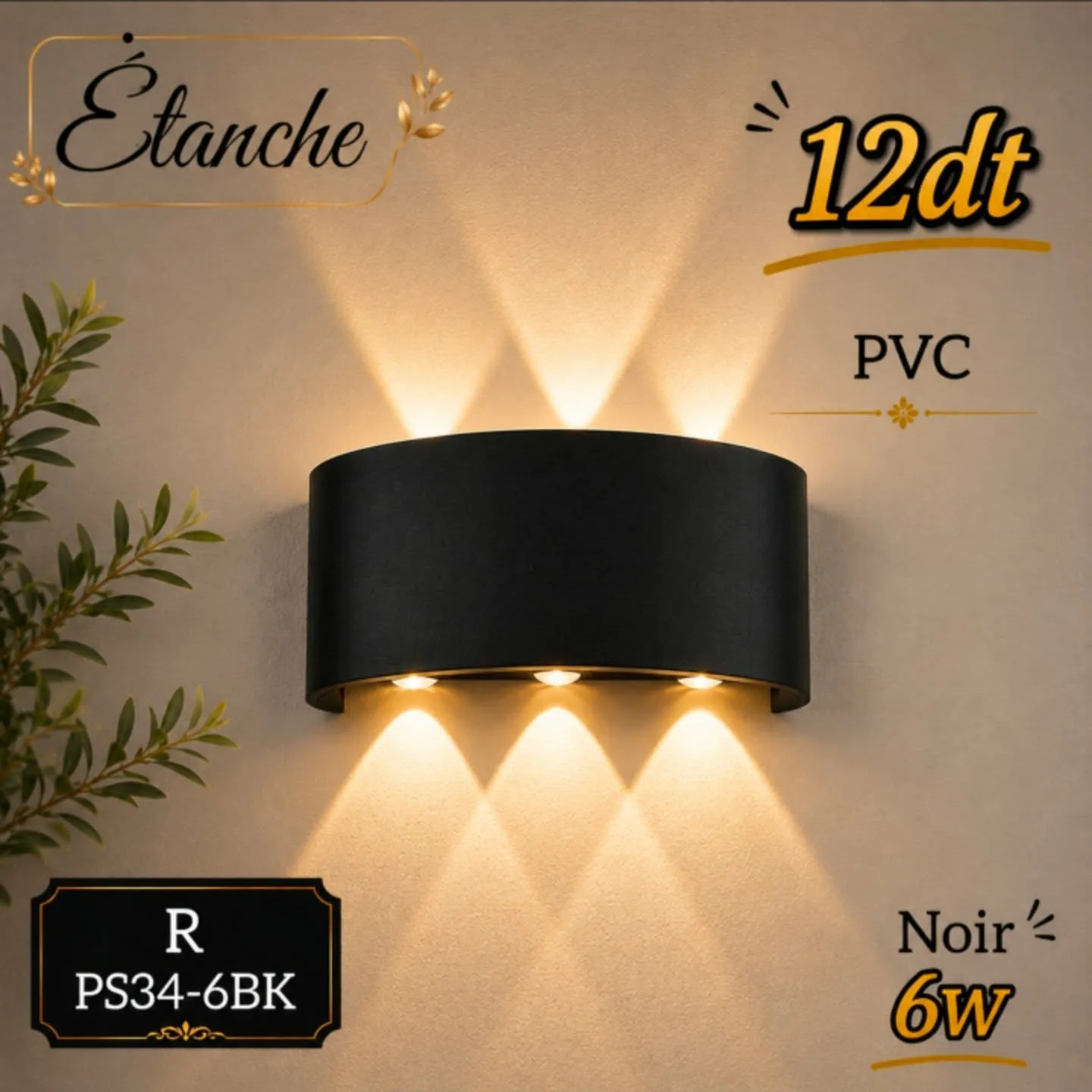 Applique Murale LED Étanche en Plastique PVC 6W – 3 Faisceaux – Noir Mat | Top Déco Tunisie
