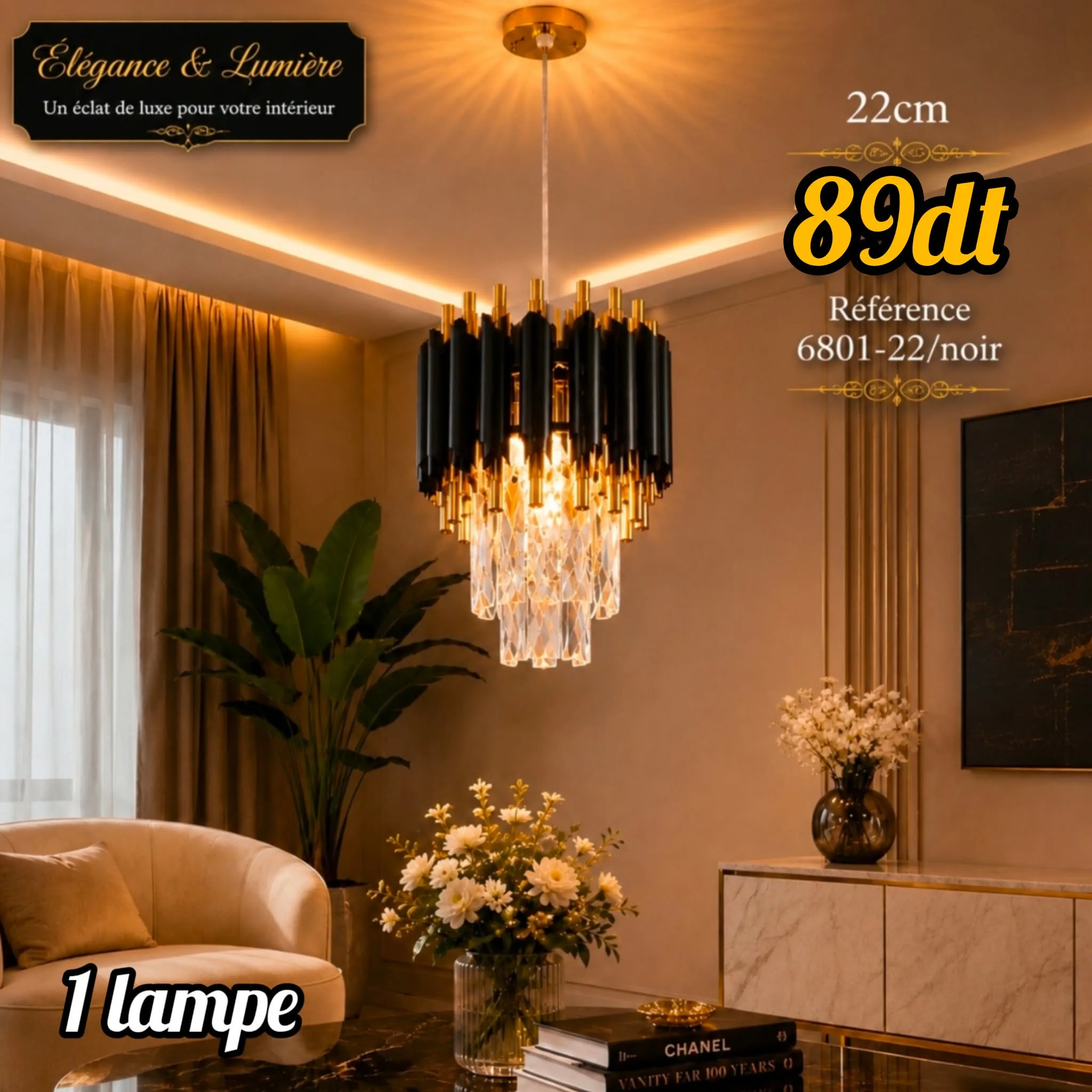 Lustre Cristal Luxe Noir 22 cm | Top Déco Tunisie