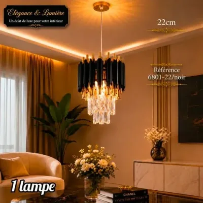 Lustre Cristal Luxe Noir 22 cm | Top Déco Tunisie
