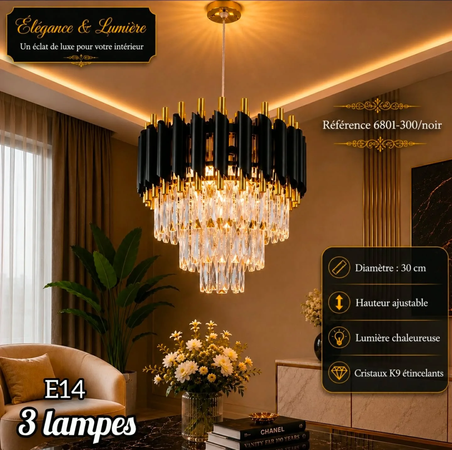 Lustre Cristal Luxe Noir 30 cm